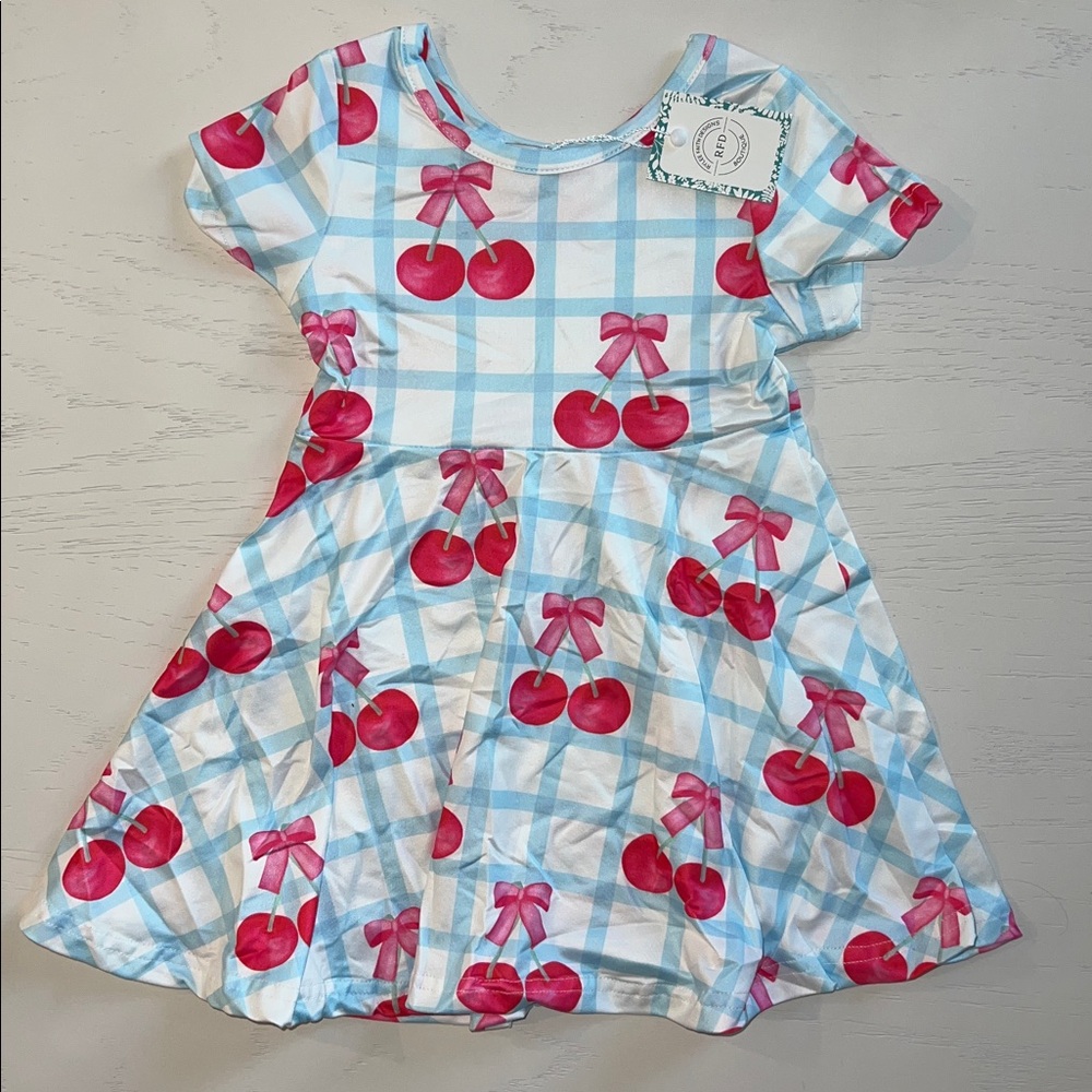 Rylee Faith Designs Cherry Bow Print Girl Dress 2 3 4 5 6 7 8/9 4th of July - Picture 3 of 4